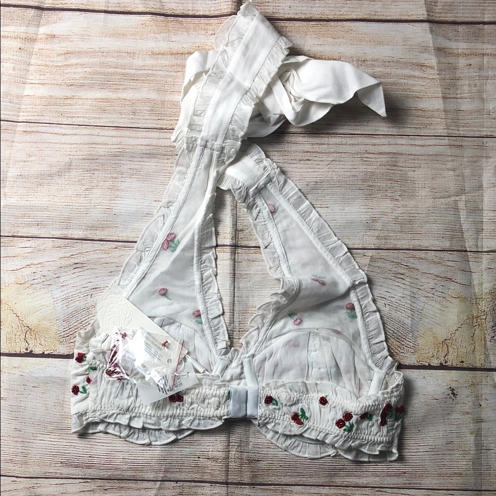 For Love And Lemons White Hand Beaded and Embroidered Cherry Halter Bralette - Picture 11 of 14
